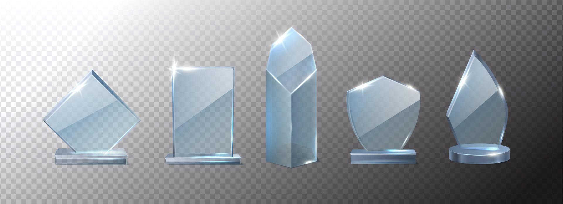 3d realistic vector icon set. Collection of different shapes bases glass crystal trophy.