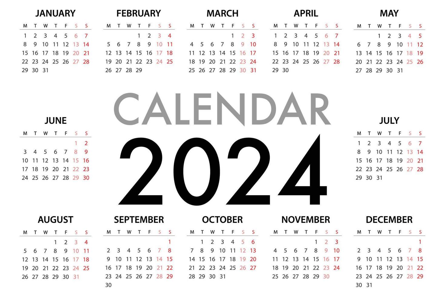 Calendar planner for 2024 Week Starts Monday vector