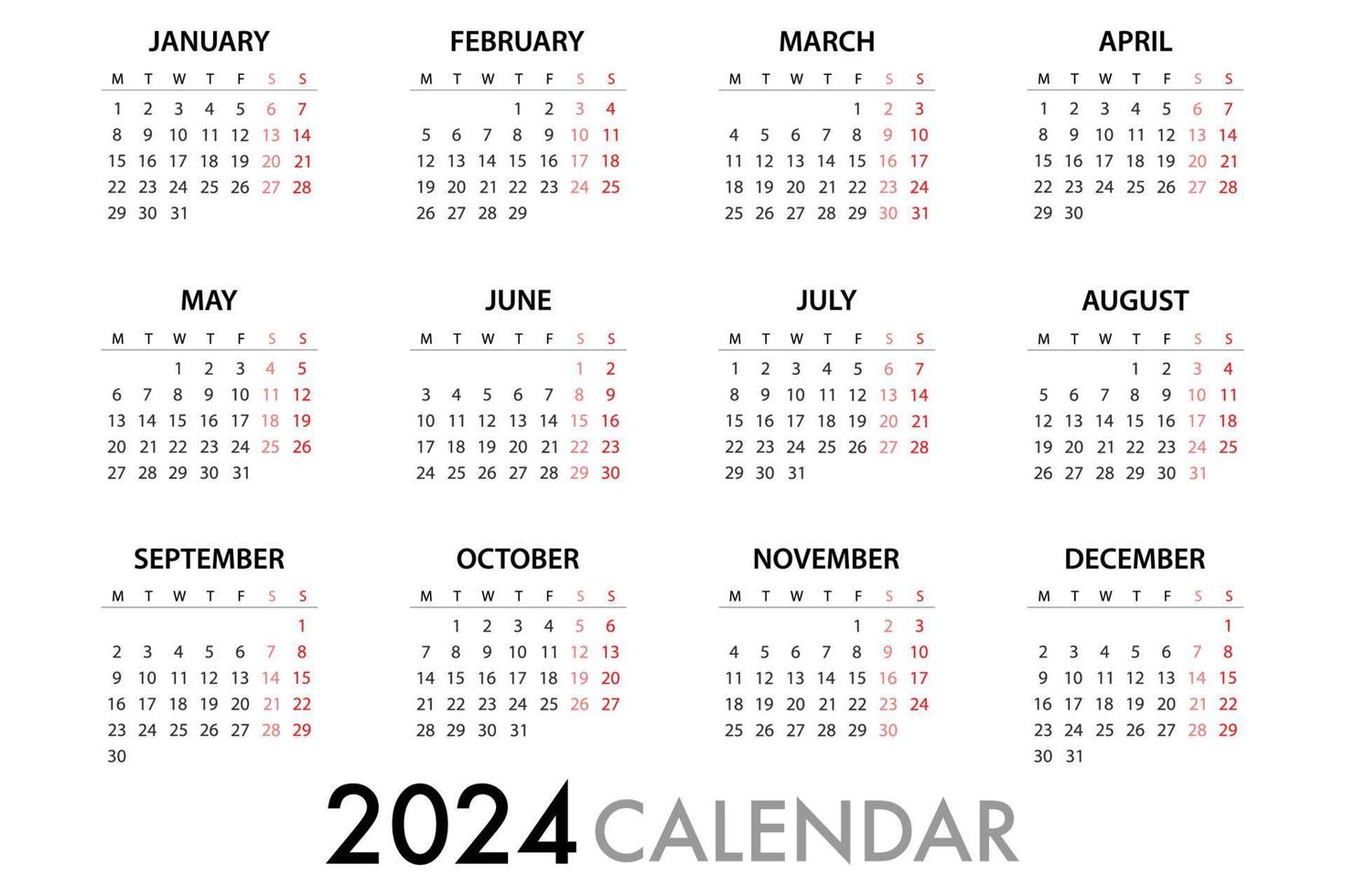 planificador de calendario para 2024 la semana comienza el lunes vector