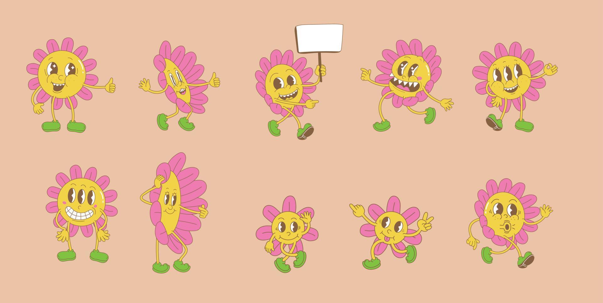 cartoon flower with Retro trendy style face vector