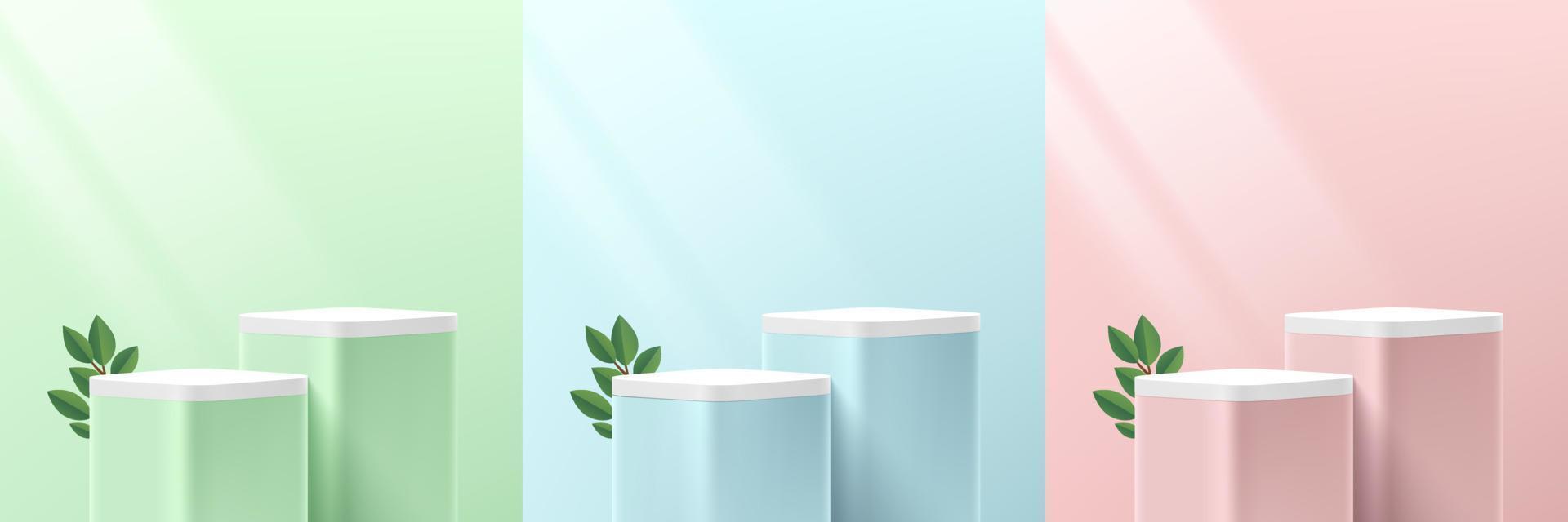 Set round corner cube stand podium with green leaf. Minimal green, blue and pink pastel scene. Abstract room design. Vector geometric rendering 3d forms for mockup product display. Stage showcase.