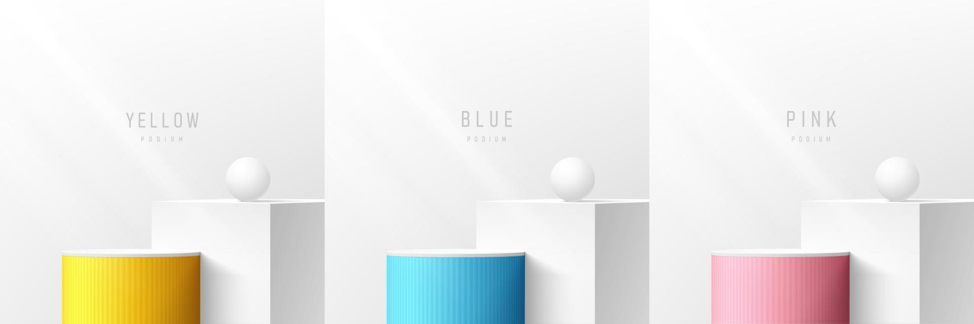 Set of yellow, blue, pink realistic 3d cube and cylinder stand podium in white clean rooms. Abstract vector rendering geometric forms. Minimal wall scene. Round stage showcase, Mockup product display.