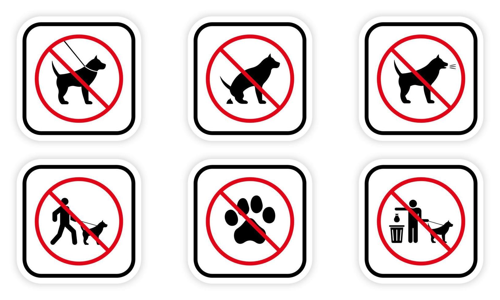 conjunto de iconos de silueta negra de perro de prohibición. prohibir el pictograma de paseo de entrada de mascotas. símbolo de parada roja de la zona de estacionamiento. no se permite señal de baño de animales. canino prohibido. limpiar después de caca de perro. ilustración vectorial aislada. vector