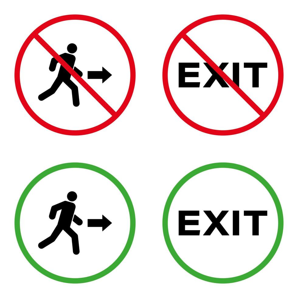 Exit Prohibited. Allowed Way Emergency Escape Green Sign. Evacuation in Building Black Silhouette Icon Set. Forbidden Pictogram. Man Run Leaving Red Stop Circle Symbol. Isolated Vector Illustration.