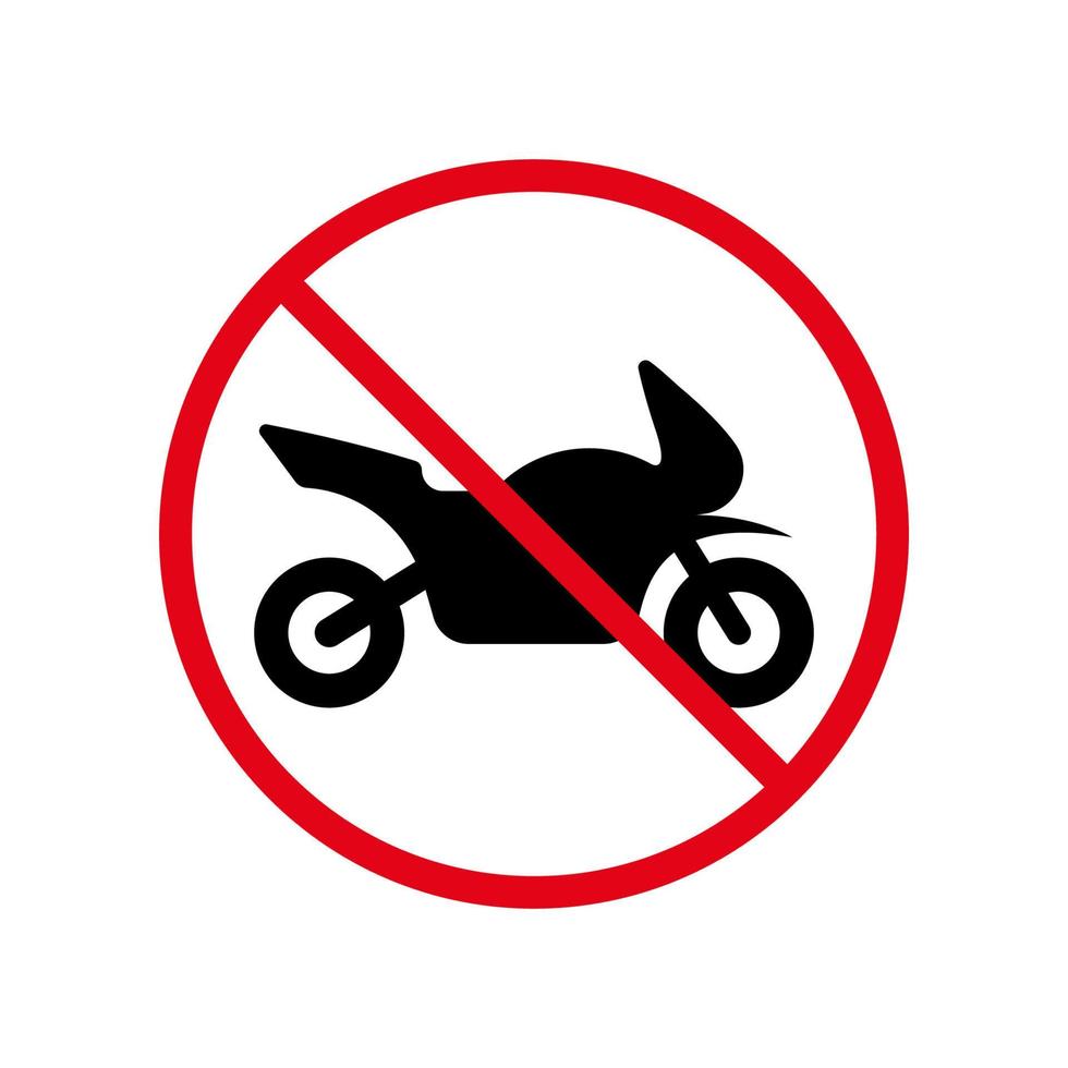 prohibir el icono de la silueta negra de la motocicleta. pictograma prohibido de estacionamiento restringido de motos. símbolo de círculo rojo de parada de moto prohibido. atención ninguna señal de carretera de moto. ilustración vectorial aislada. vector