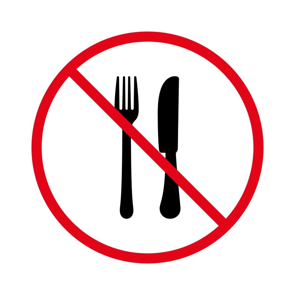 prohibir los cubiertos del restaurante para la cena icono de silueta negra. Prohibir el pictograma de cubiertos de cuchillo y tenedor. prohibir el símbolo de parada de tenedor y cuchillo. No permita el letrero de vajilla. ilustración vectorial aislada. vector