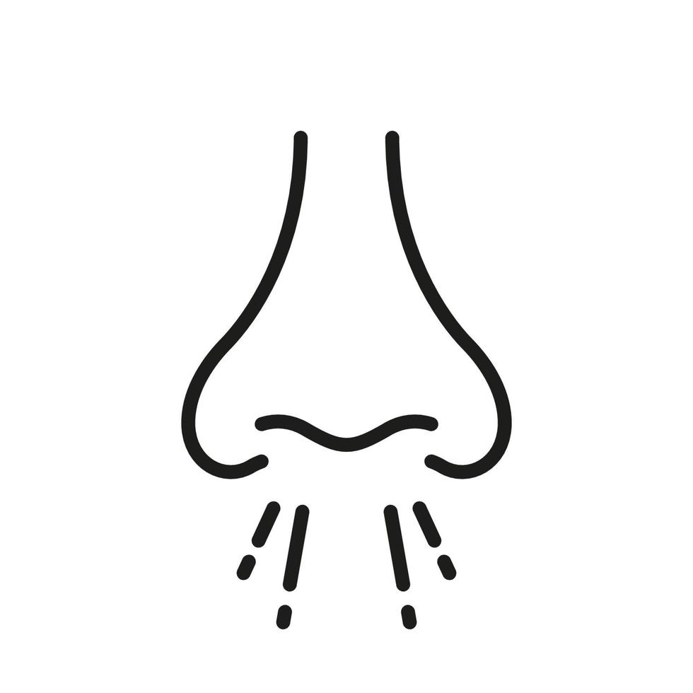 nariz mocosa que sopla el icono de la línea negra. Enfermedad respiratoria alérgica. Pictograma de contorno de síntoma de enfermedad de rinitis nasal. símbolo plano del virus de la gripe fría. alergia a la infección de la nariz. ilustración vectorial aislada. vector