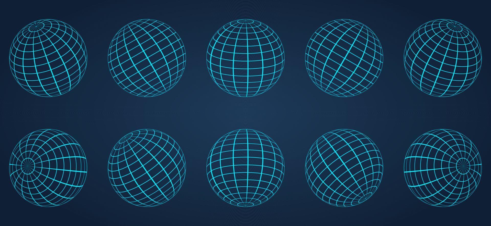 3D Blue Globe Grid Sphere Set on Dark Background. Geometric Round Grid Mesh Ball. Wireframe Globe Surface. Wire Global Earth Latitude and Longitude. Wired Line 3D Planet Globe. Vector Illustration.