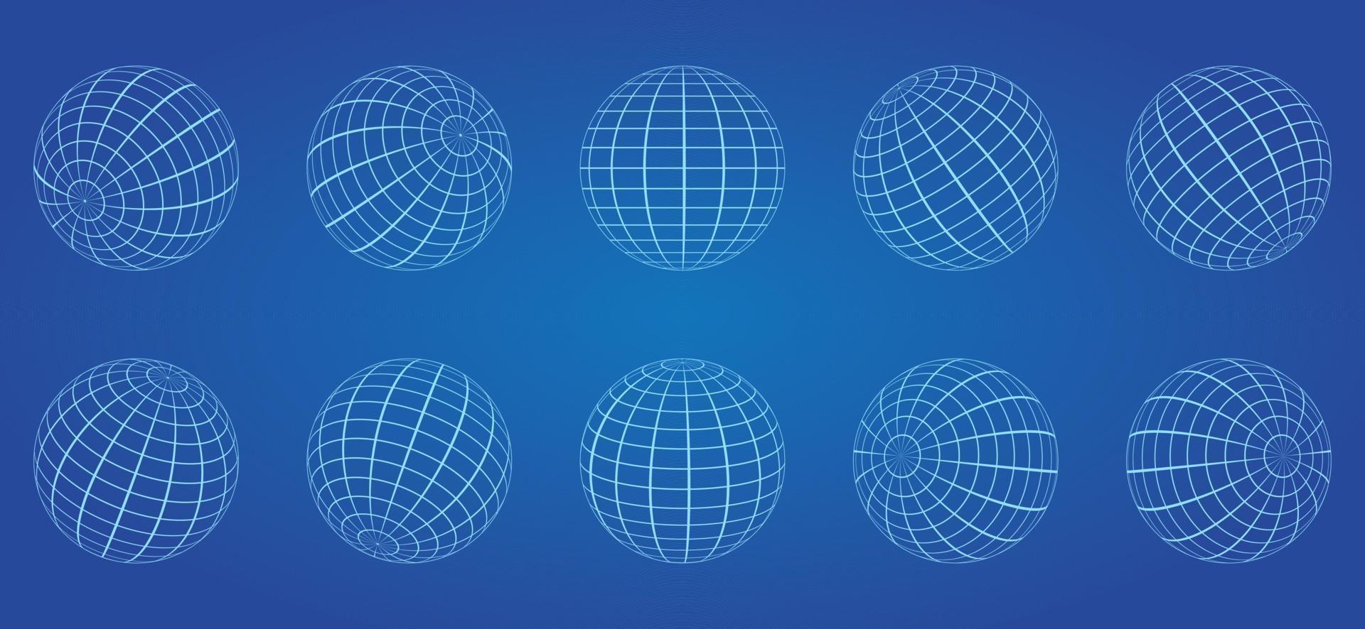 White Globe Grid Sphere Set on Blue Background. 3D Wire Global Earth Latitude, Longitude. Wired Line 3D Planet Globe. Geometric Round Grid Mesh Ball. Wireframe Globe Surface. Isolated Vector. vector