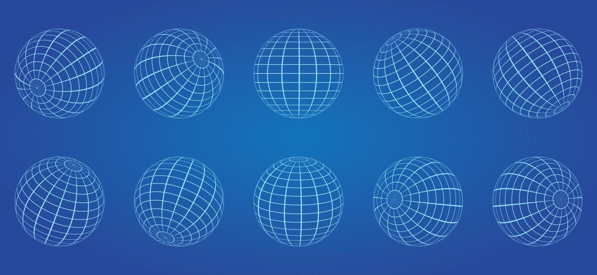 White Globe Grid Sphere Set on Blue Background. 3D Wire Global Earth Latitude, Longitude. Wired Line 3D Planet Globe. Geometric Round Grid Mesh Ball. Wireframe Globe Surface. Isolated Vector. vector