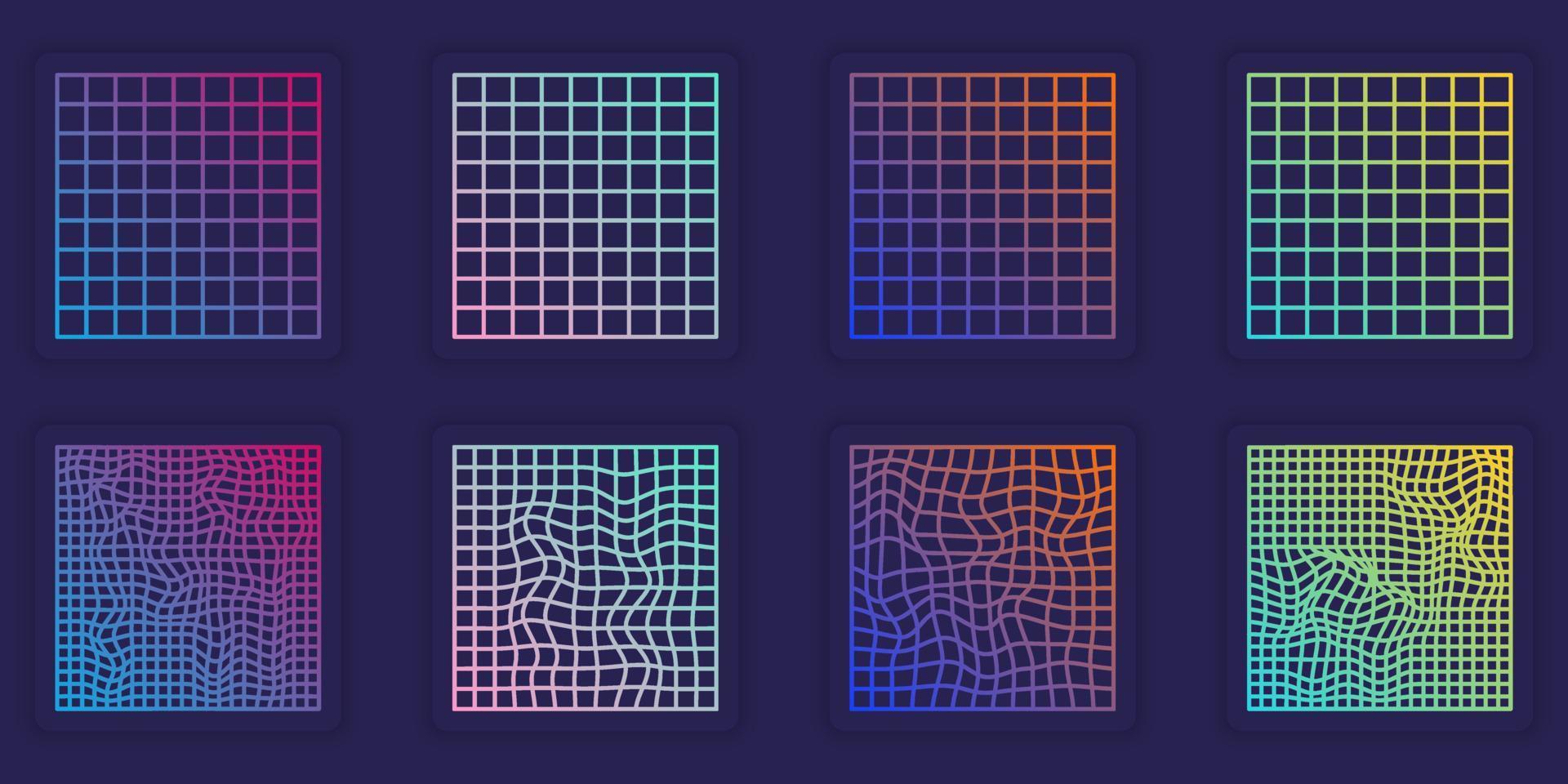 Distorted Grid Square Neon Pattern. Abstract Modern Design. Wave Ripple Perspective Square. Warp Futuristic Geometric Square Glitch. Isolated Vector Illustration.