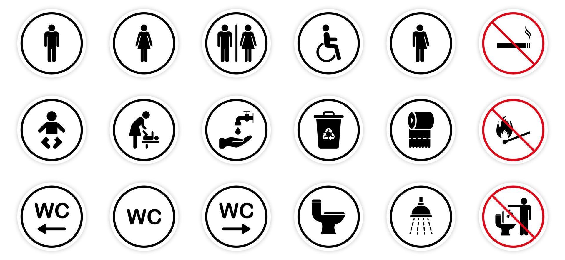 Toilet Room Silhouette Icon. Set of WC Sign. Bathroom, Restroom Pictogram. Public Washroom for Disabled, Male, Female, Transgender. Mother and Baby Room. No smoking Sign. Vector Illustration.