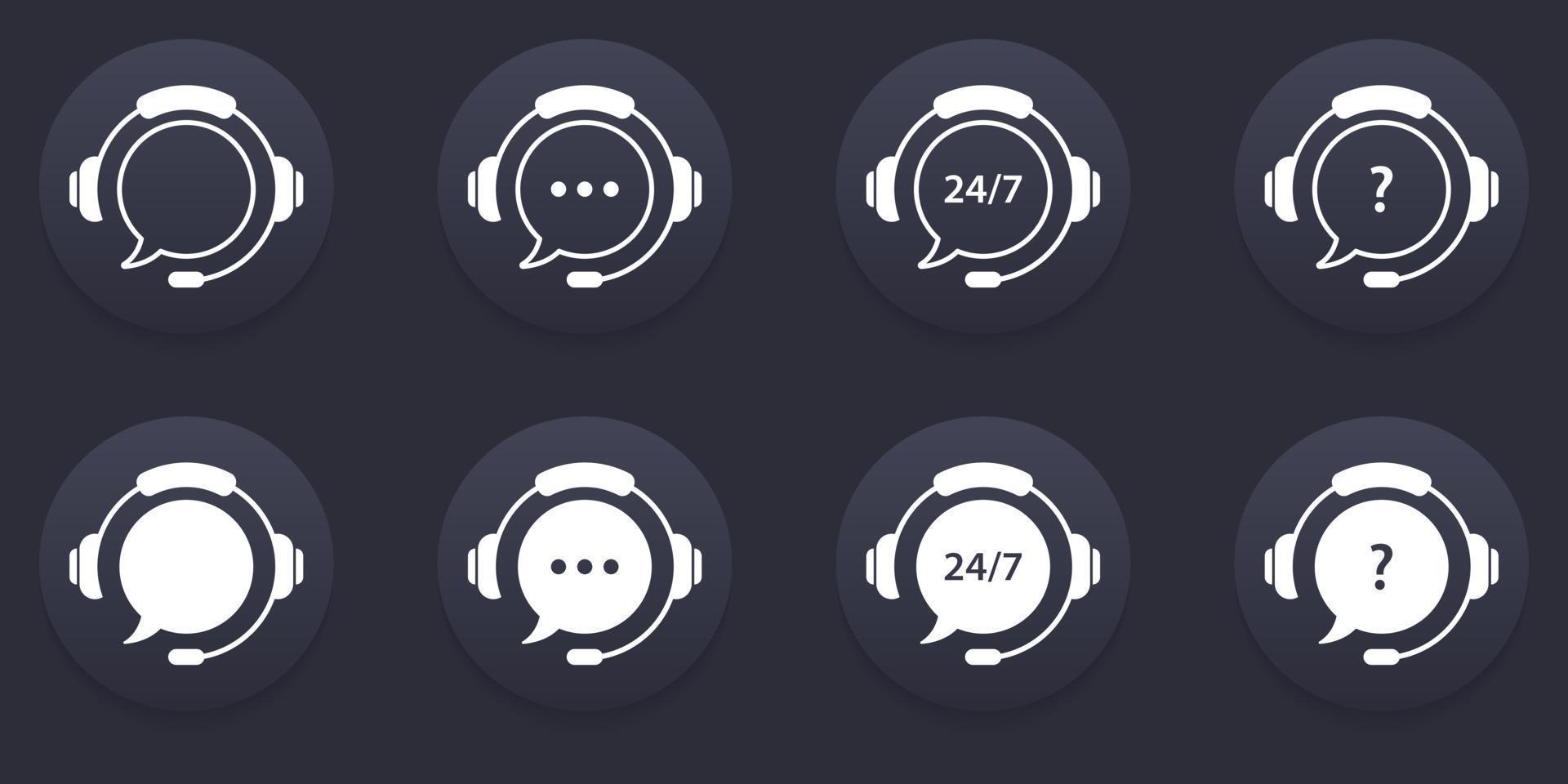 Client Support Service on Dark Background. Headset with Question Mark, Ellipsis. Hotline Concept Silhouette and Line Icons. Around Clock Telephone and Online Help Pictogram. Vector Illustration.