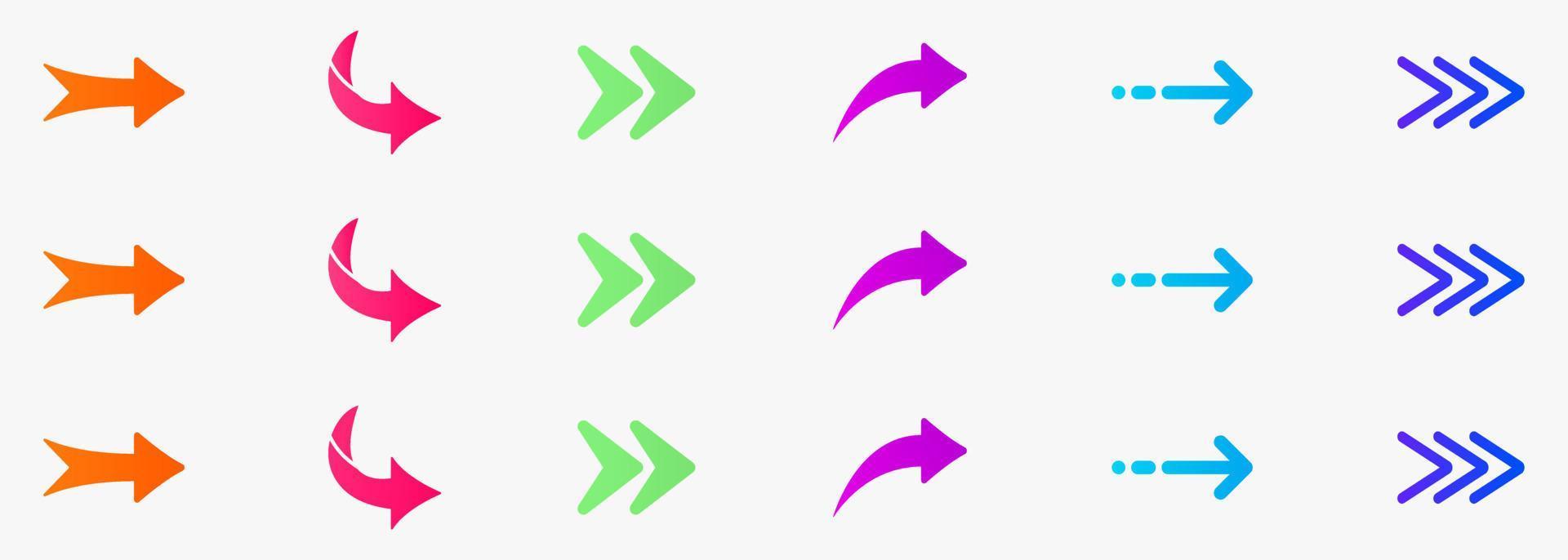 Color Arrow Digital Icon Set in Neumorphism Style. Right, Next, Share Link, Back, Forward Symbol. Direction, Navigation, Orientation Cursor Pictogram. Curve Undo Button. Isolated Vector Illustration.
