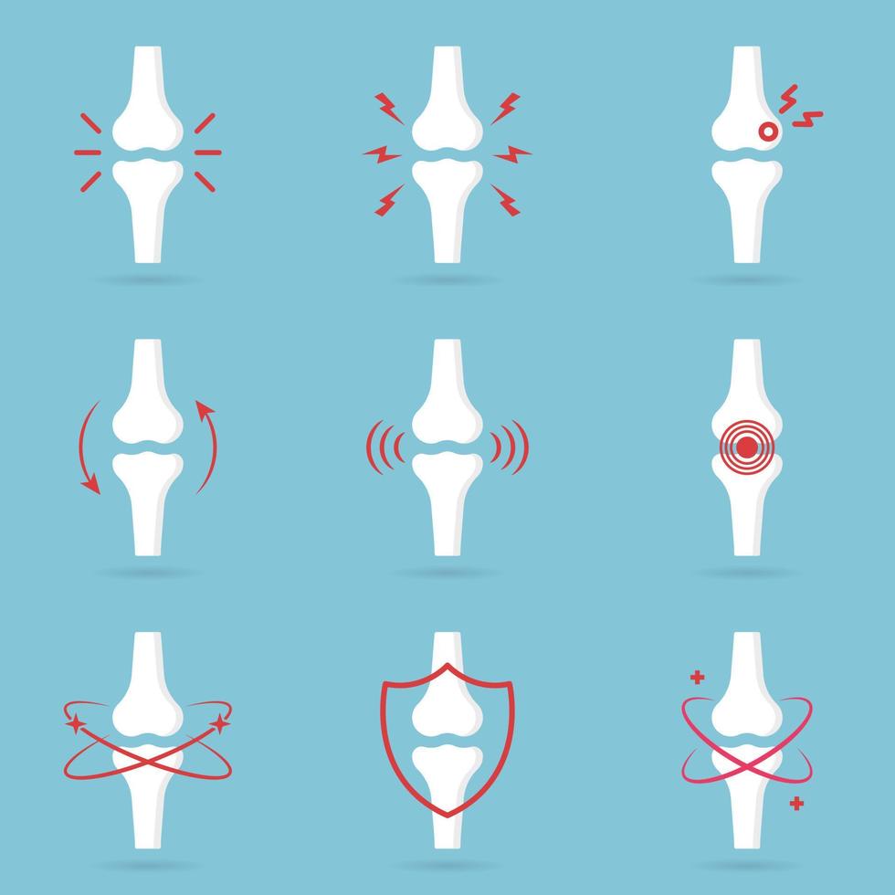 conjunto de iconos de silueta de dolor en las articulaciones de la rodilla. dolor de rodilla, mano, esqueleto de pierna. dolor de huesos, lesiones e inflamación. artritis, osteoporosis y huesos icono de enfermedad articular. ilustración vectorial aislada. vector