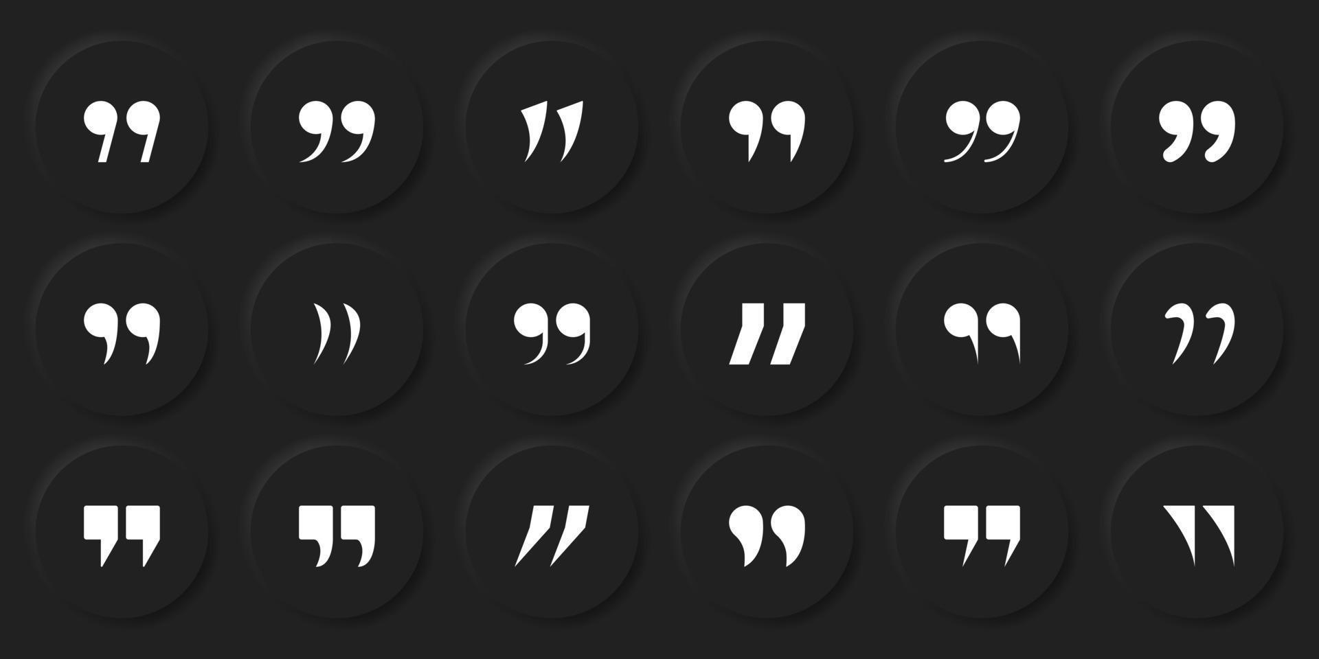 Set of Quotation Mark Icon. Double Comma Silhouette Signs of Quote Icons. White Quotation Signs on Black Background. Punctuation Symbol of Speech. Isolated Vector Illustration.