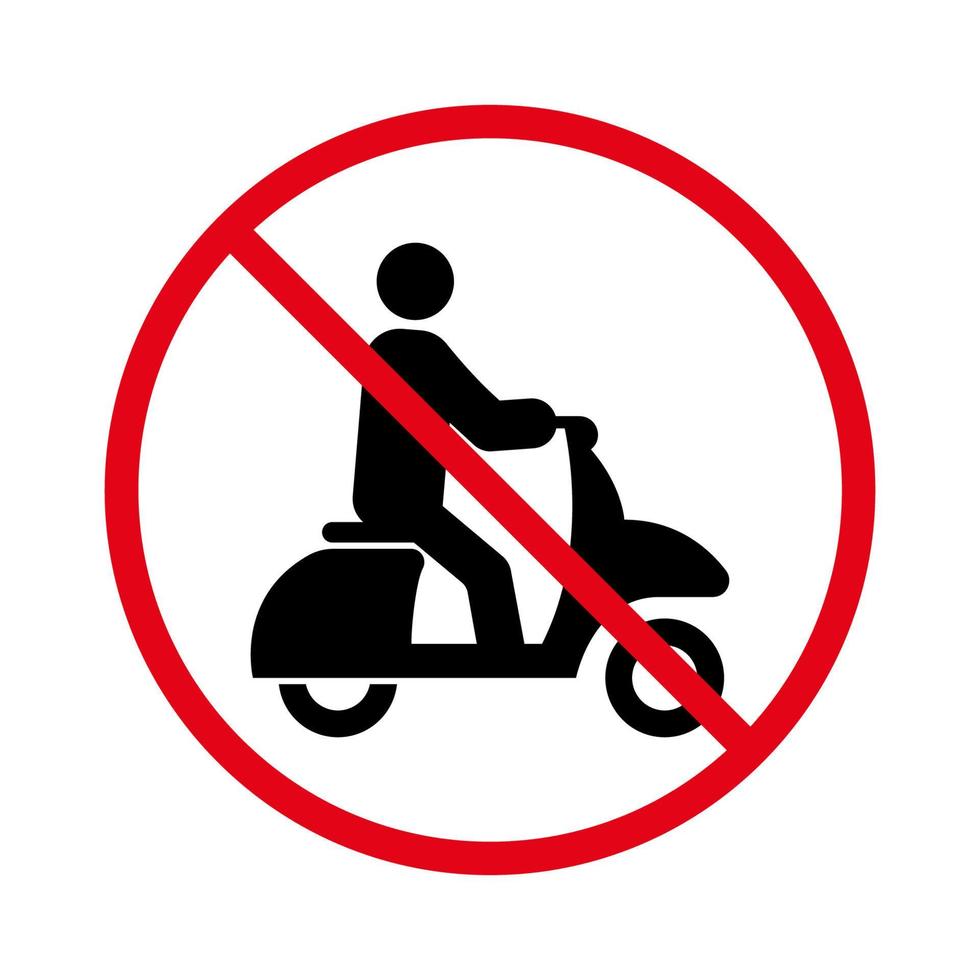 Prohibited Moped Road Sign. Scooter Ban Black Silhouette Icon. Forbidden Fast Scooter Pictogram. Person on Motor Bike Red Stop Symbol. No Allowed Moto Transport. Isolated Vector Illustration.