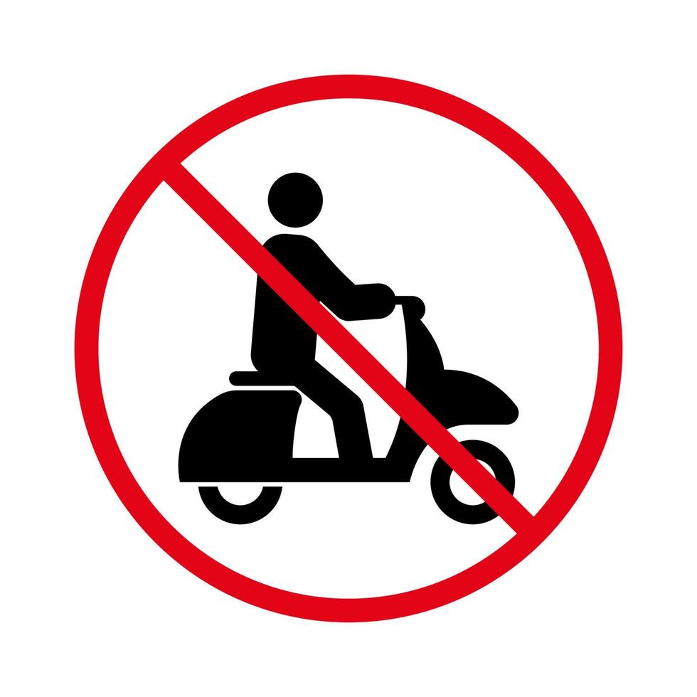 señal de tráfico de ciclomotor prohibido. icono de silueta negra de prohibición de scooter. Pictograma de scooter rápido prohibido. persona en moto símbolo de parada roja. No se permite el transporte de motos. ilustración vectorial aislada. vector