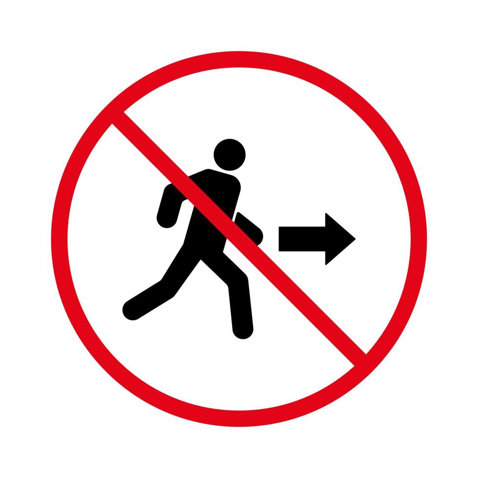 icono de silueta negra de salida de prohibición. prohibir el pictograma de escape de la persona. símbolo de círculo de parada roja de emergencia. No se permite la evacuación en el letrero del edificio. Prohibir que el hombre corra y se vaya. ilustración vectorial aislada. vector