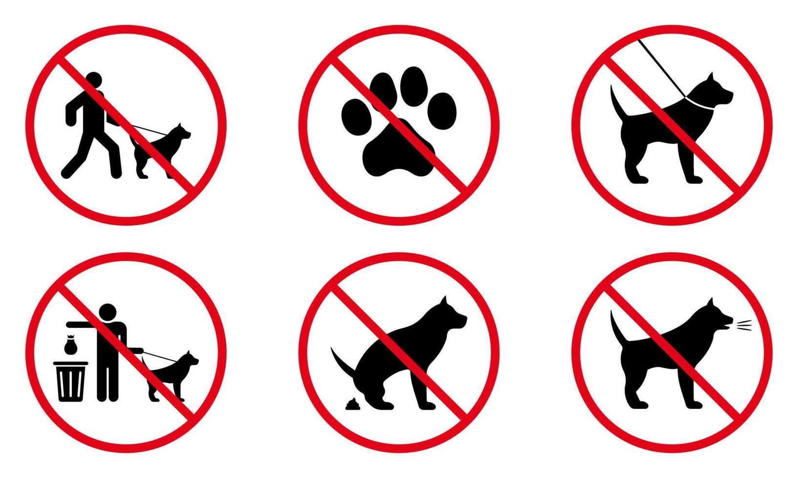 conjunto de iconos de silueta negra de perro de prohibición. prohibir el pictograma de paseo de entrada de mascotas. símbolo de parada roja de la zona de estacionamiento. no se permite señal de baño de animales. canino prohibido. limpiar después de caca de perro. ilustración vectorial aislada. vector