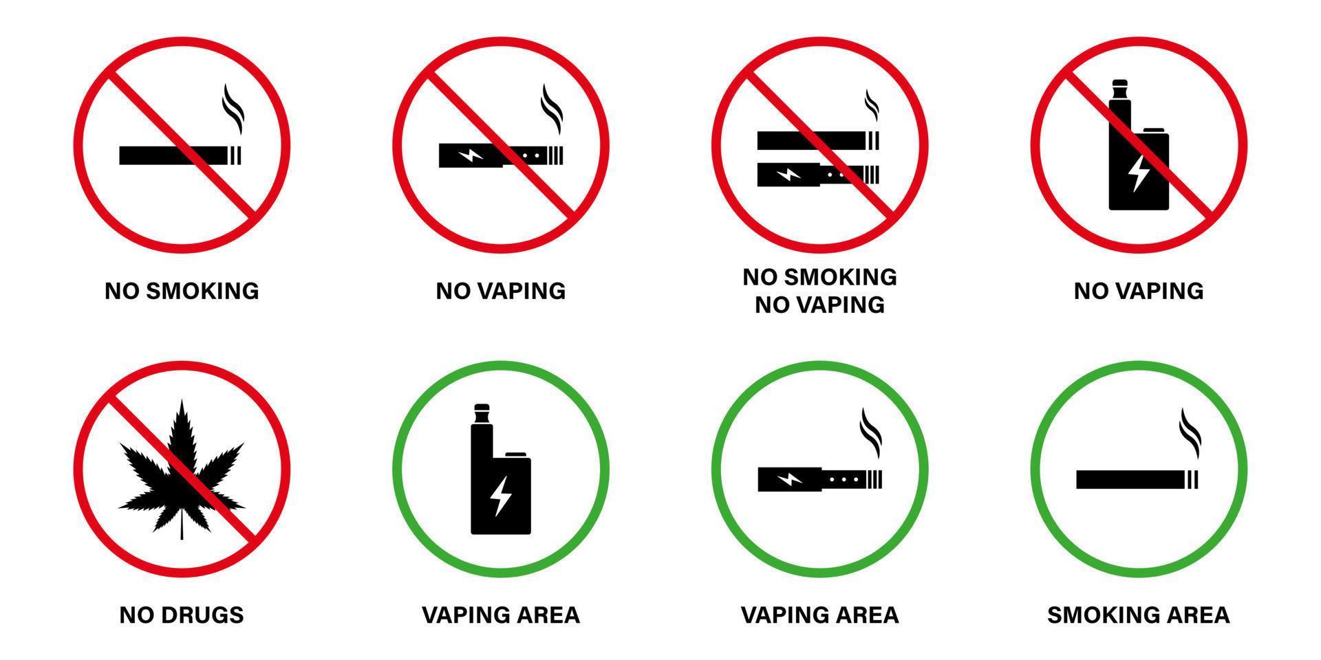 Ban Zone Smoke Drug Electronic Cigarette Nicotine Vaping Set Icon. Notice No Vape Smoke Area Prohibited Pictogram. Allow Smoking Green Sign. Forbidden Smoke Area Sign. Isolated Vector Illustration.