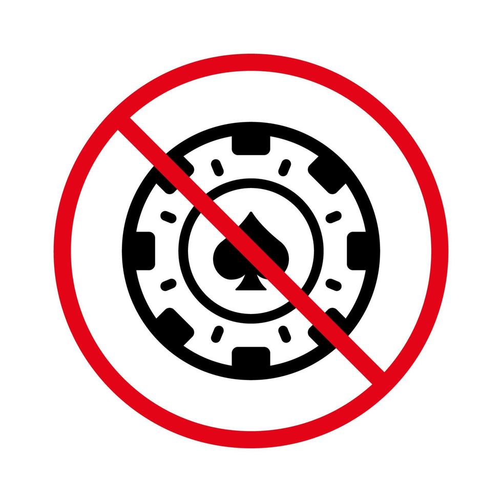 símbolo de círculo rojo de parada de fichas de juego prohibido. Pictograma de ruleta de casino de póquer de fichas prohibidas. No se permite jugar al casino. icono de silueta negra de prohibición de juego de apuestas. ilustración vectorial aislada. vector