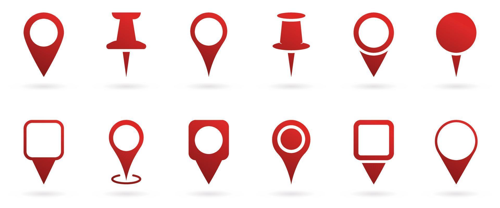 Red Location Pins Sign. Set of Marker Point on Map, Place Location Pictogram. Pointer Navigation Symbol. Red GPS Tag Collection. Thumbtack Sign. Isolated Vector Illustration.