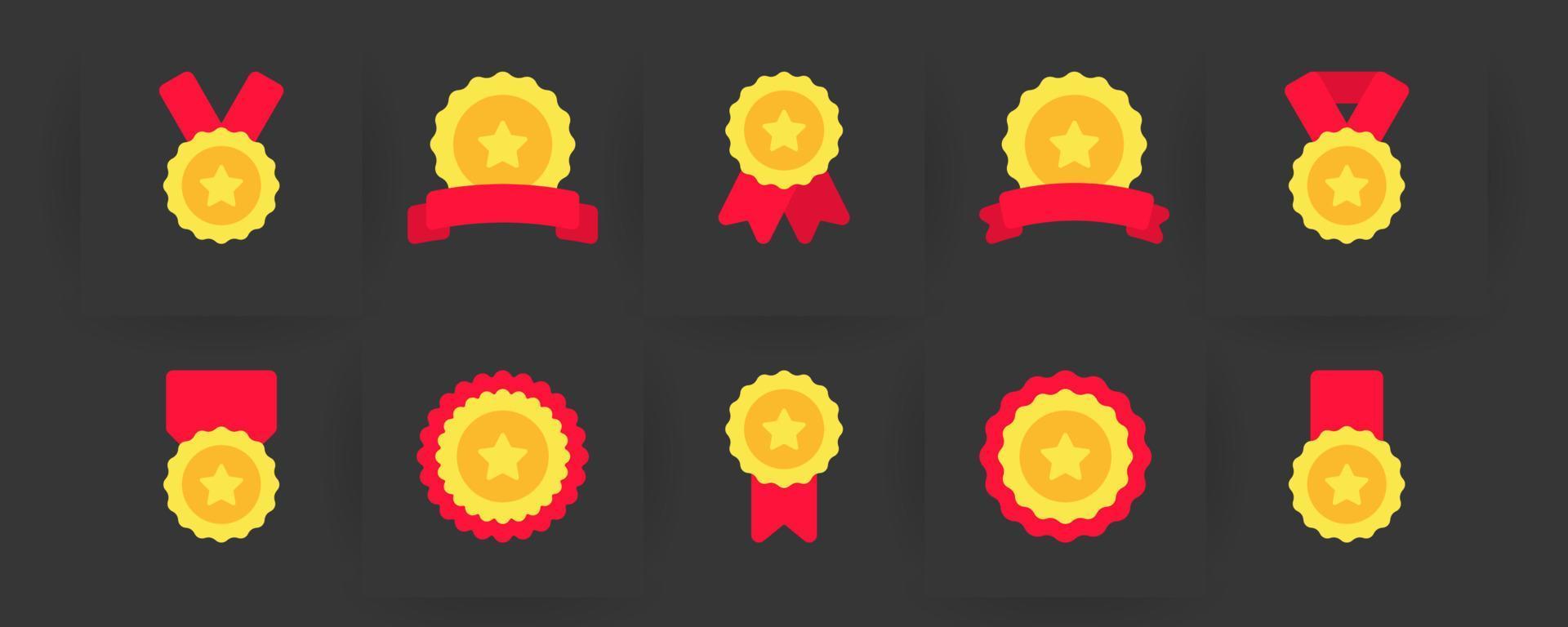 Collection of Black Medals with Ribbon and Stars for Winner of Championship. Silhouette Rewards Set on White Background. Round Awards for Sport Competition. Isolated Vector Illustration.