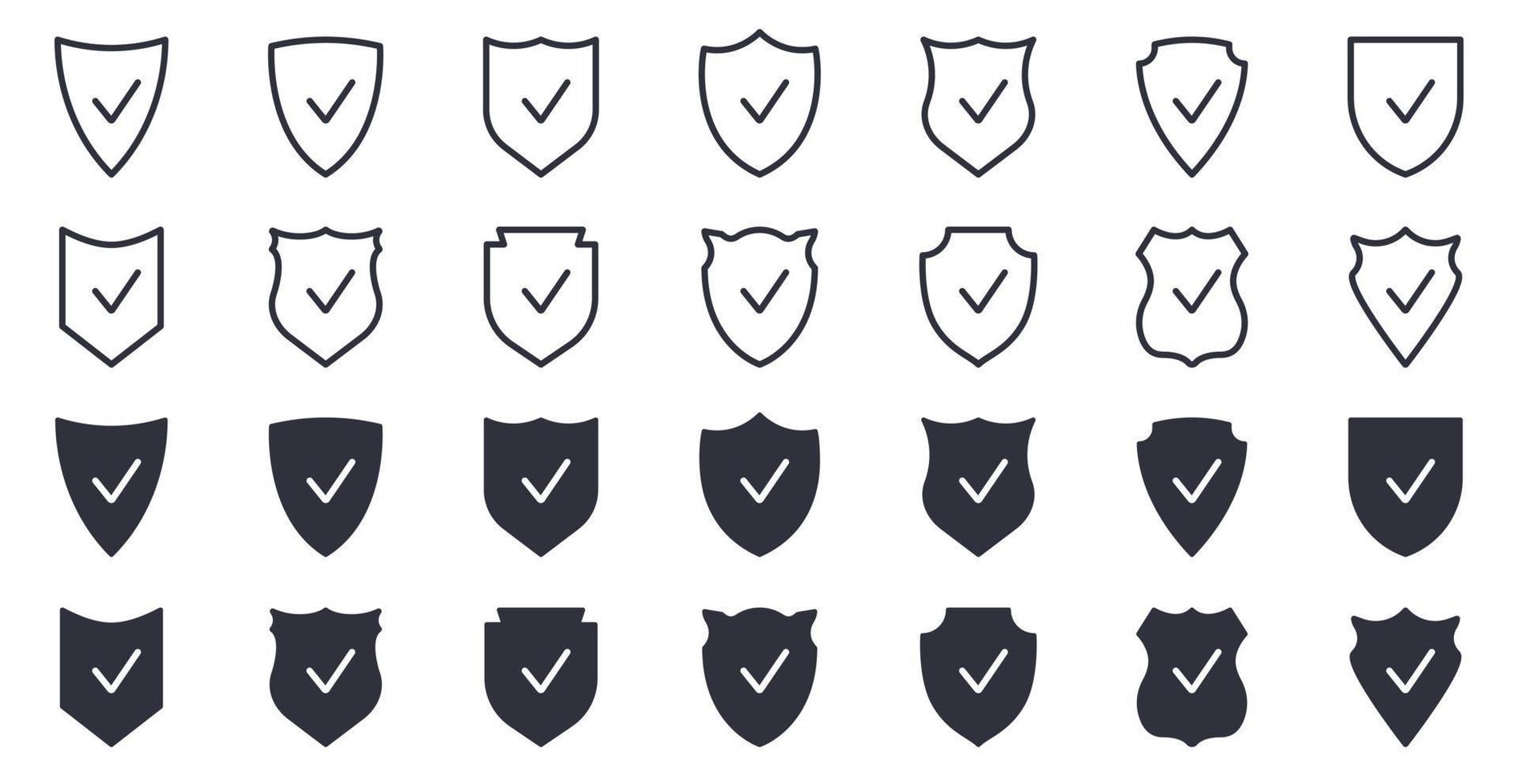 Shield Line and Silhouette Icon Set. Sign of Safety, Defence, Safe Pictogram. Guard Defense Emblem Collection Icon. Antivirus Protect Badge with Check Mark. Isolated Vector Illustration.