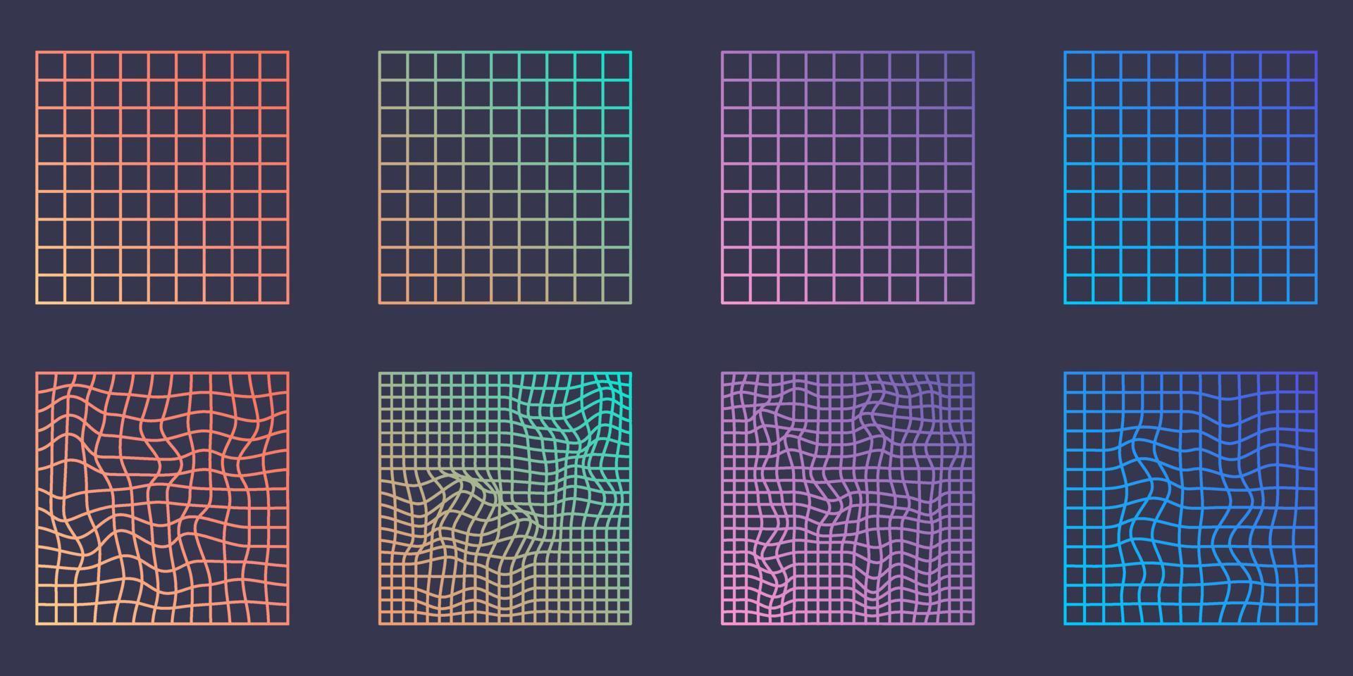Distorted Grid Square Neon Pattern. Warp Futuristic Geometric Square Glitch. Abstract Modern Design. Wave Ripple Perspective Square. Isolated Vector Illustration.