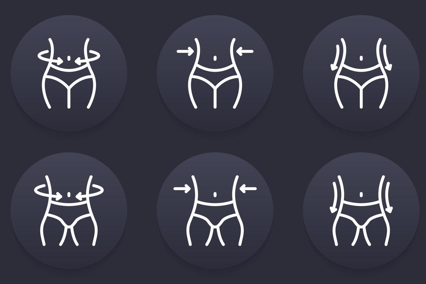 Slimming Waist. Woman and Man Loss Weight Line Icon. Shape Waistline Control Outline Icon. Set of Female and Male Body Slimming Linear Pictogram. Editable Stroke. Isolated Vector Illustration