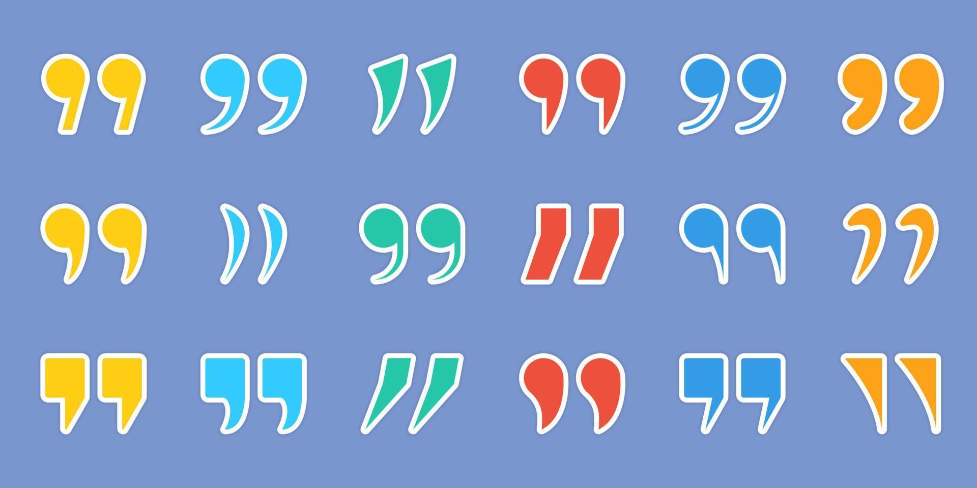 Double Comma Signs of Quote Icons. Set of Quotation Mark Stickers. Color Quotation Signs on Blue Background. Punctuation Symbol of Speech. Isolated Vector Illustration.