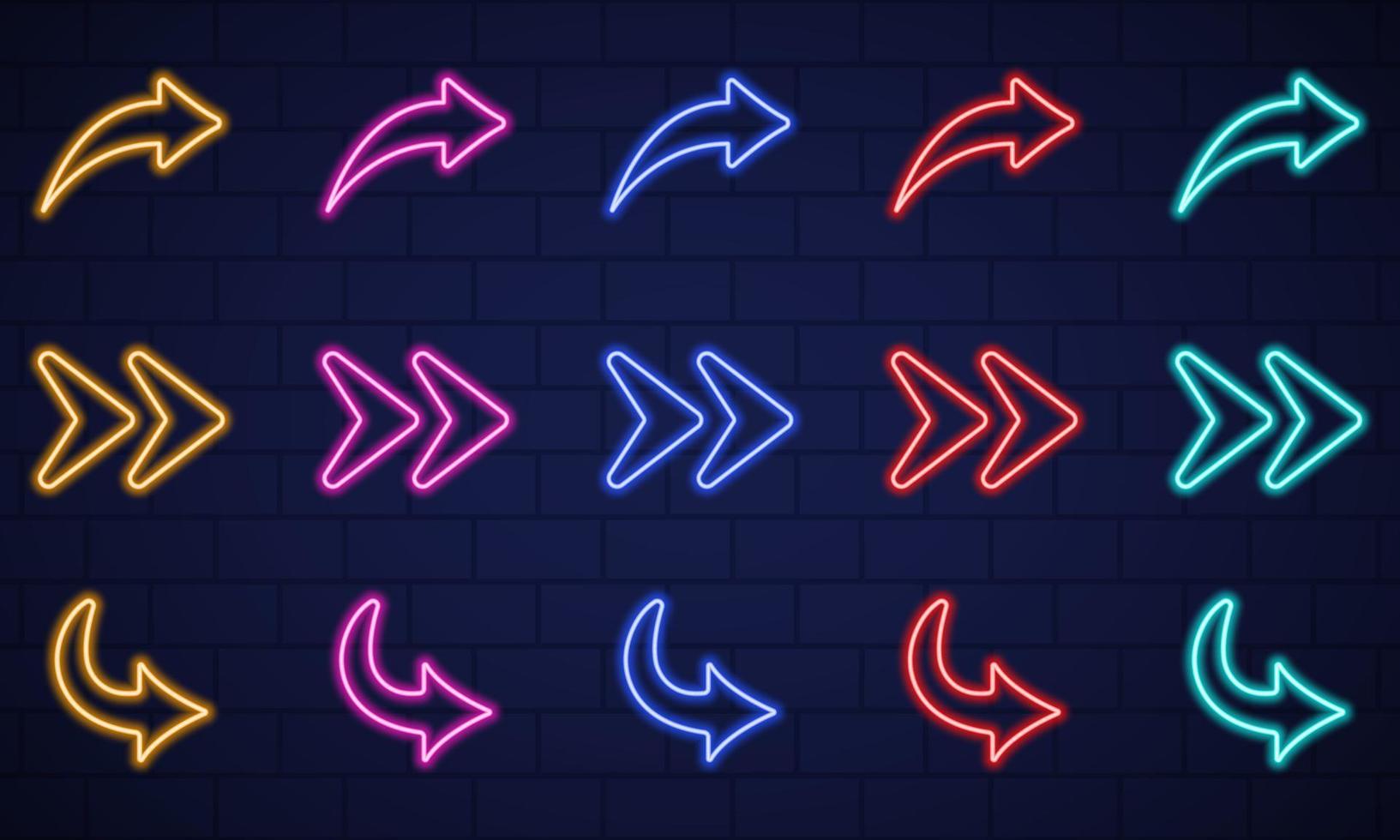 Colorful Neon Right Arrows Icons on Dark Wall Background. Location Indicator Casino, Bar, Night Club, Cinema and Motel. Glowing Neon Arrows of Different Colors. Isolated Vector Illustration.