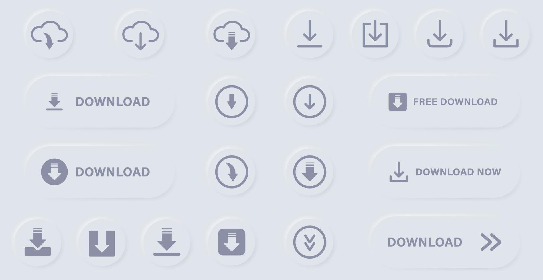 conjunto de iconos de línea y silueta de botón de descarga. descargue la aplicación web, archivo, video, pictograma de documento en estilo neumorfismo. nube, círculo, flecha hacia abajo cargar símbolo de concepto. ilustración vectorial aislada. vector