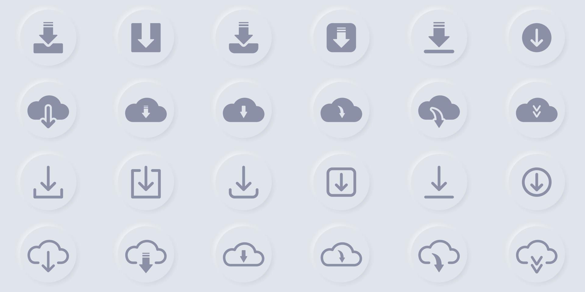 Download Button Line and Silhouette Icon Set. Cloud, Circle, Arrow Down Upload Concept Symbol. Down Load Web App, File, Video, Document Pictogram. Isolated Vector Illustration.