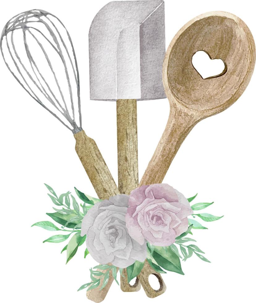 Watercolor illustration of white bakery with whisk, spoon and spatula. Logo for cake shop and bakery vector