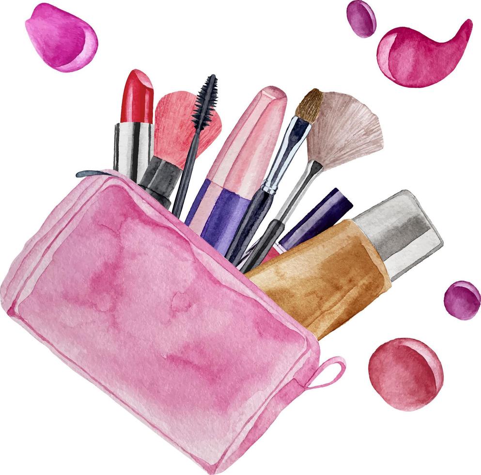 Watercolor pink cosmetics bag with make up artist objects lipsti vector