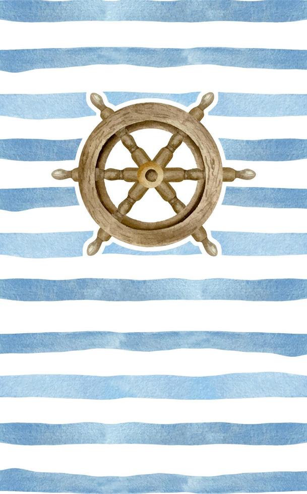 Watercolor blue stripes with old wooden steering wheel. Nautical marine background for card and invitation vector