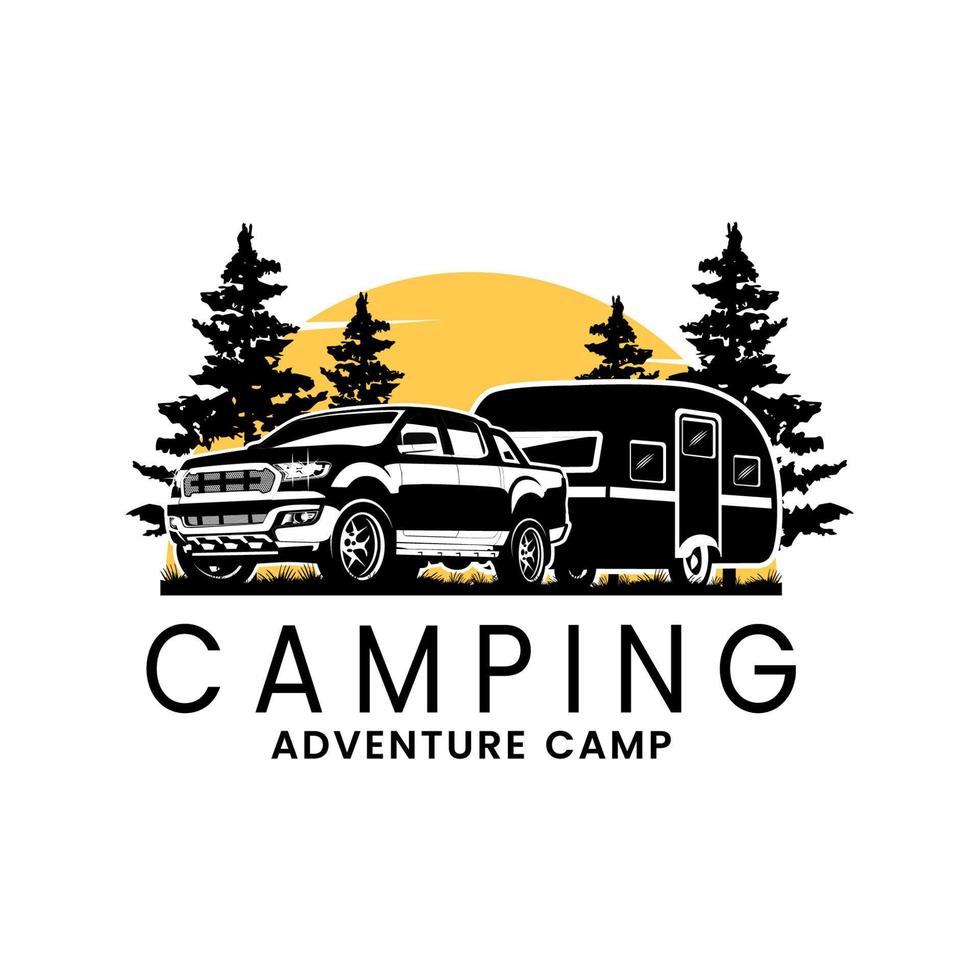 Vector logo of Double cabin car pulling caravan trailer with pine tree and sunset background, caravan trailer for adventure and seasonal camping.