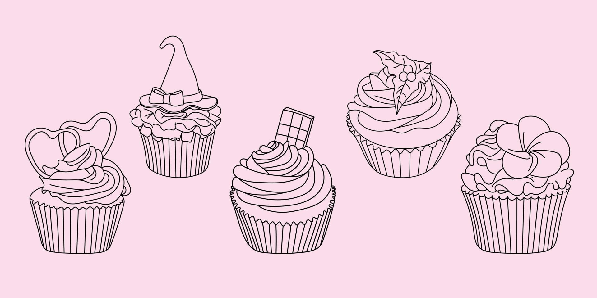 Cupcake Vector Set Hand Drawn line art illustration set, Cup Cake Outline for coloring book
