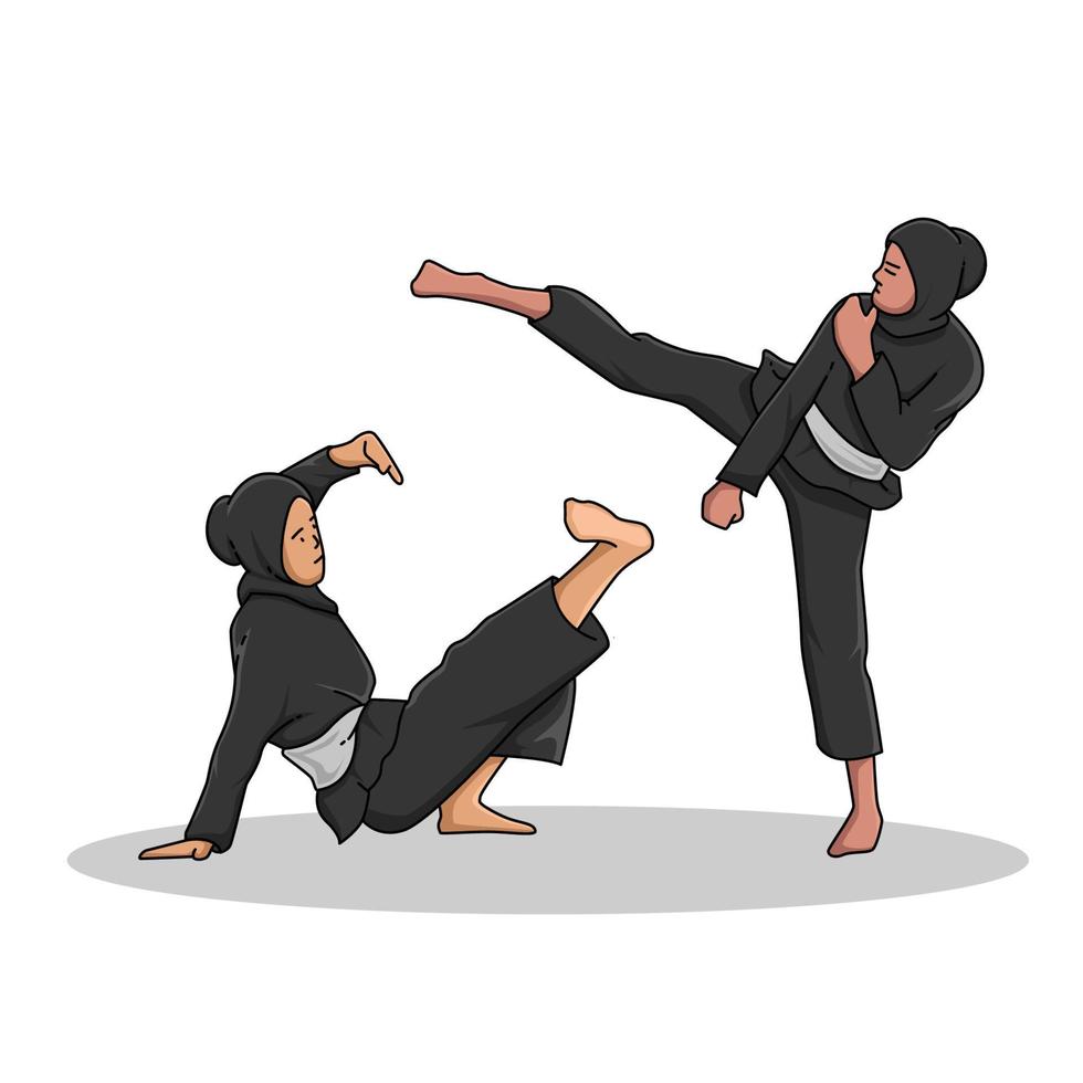 two women practicing self-defense, traditional silat, vector illustration