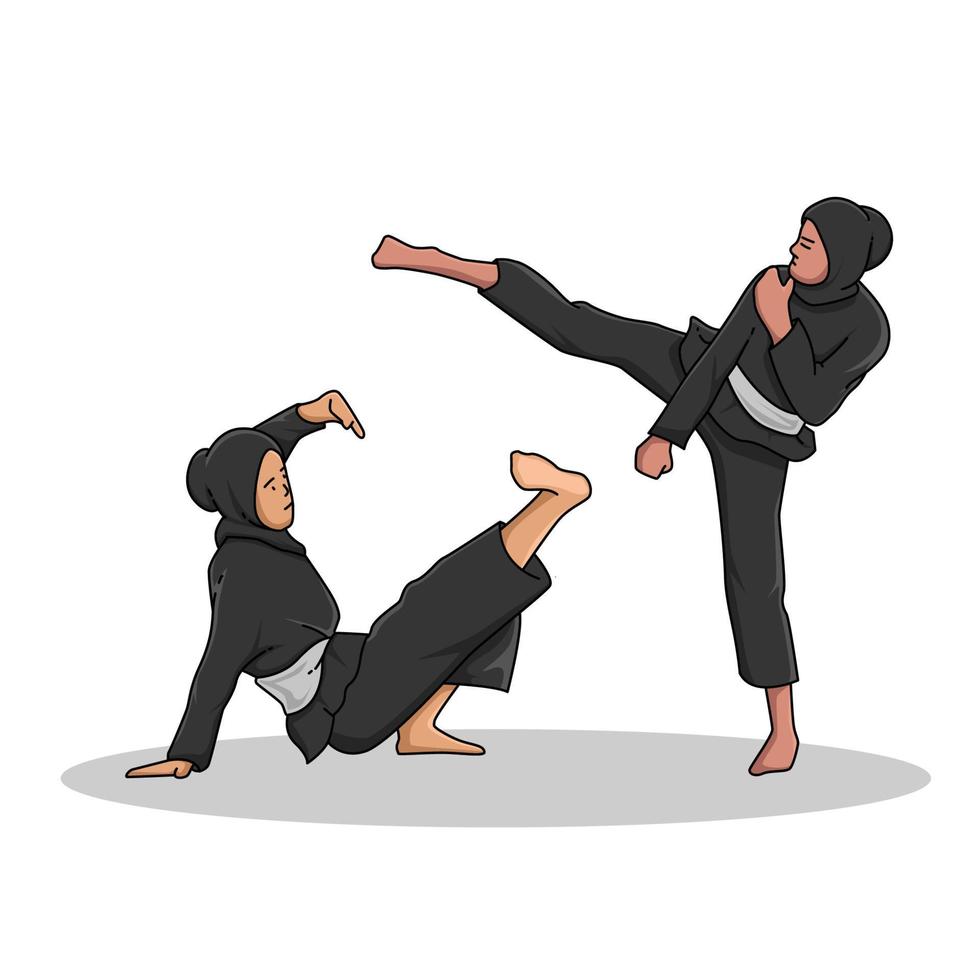 dos mujeres practicando autodefensa, silat tradicional, ilustración vectorial vector