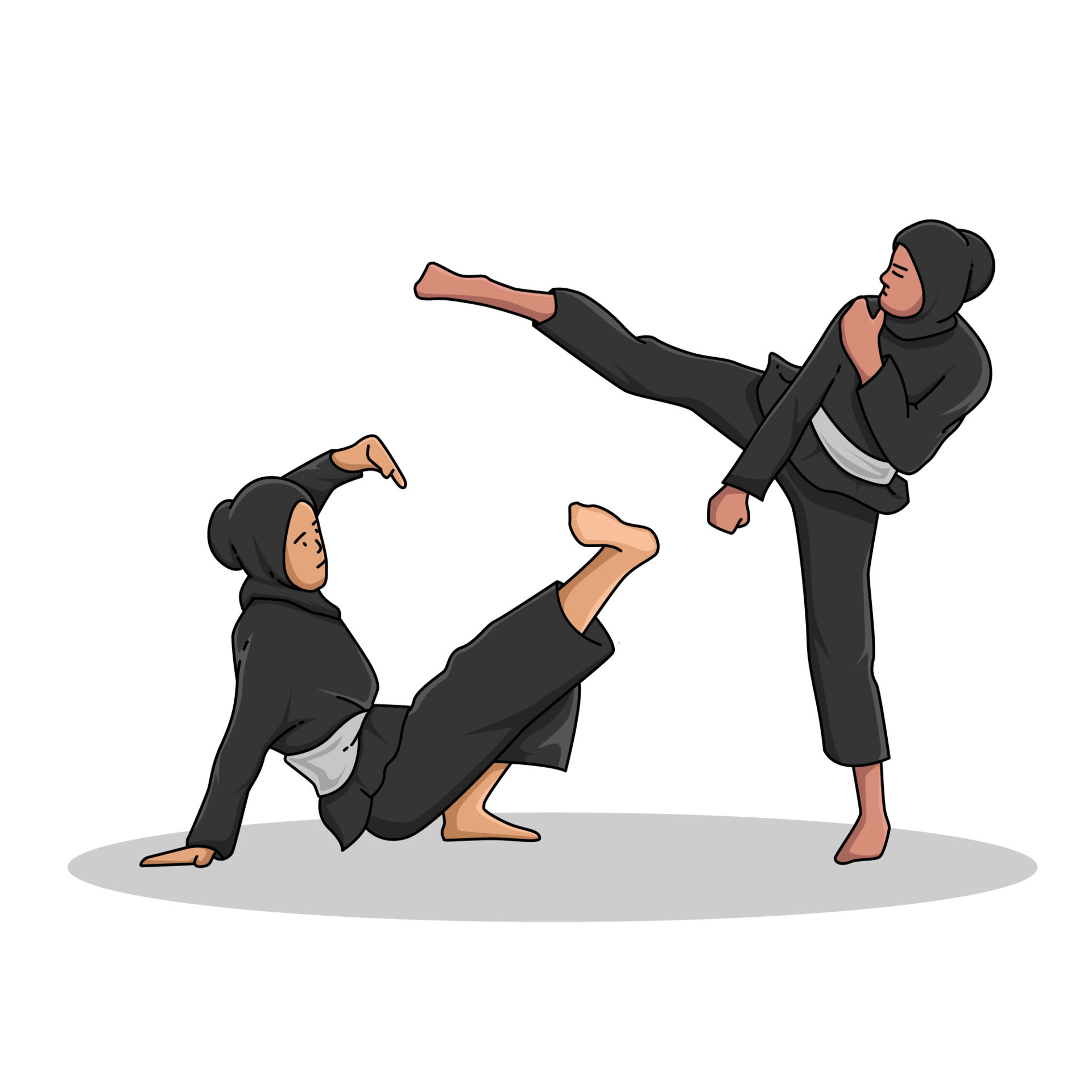 two women practicing selfdefense, traditional silat, vector