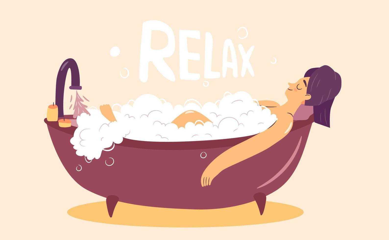 Selfcare relax time. Happy girl taking a bubble bath with candles. Isolated cartoon character illustration. Flat vector design.