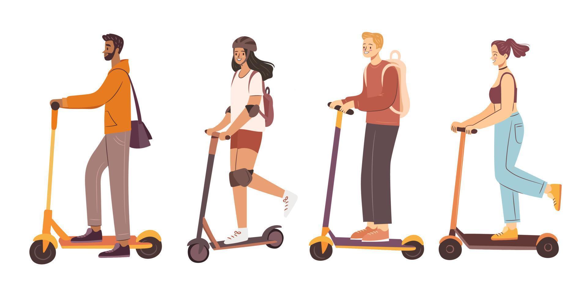 People on scooters. Man and woman riding electric scooter. E-scooter and kick-scooter for rent. Hand drawn flat vector illustration