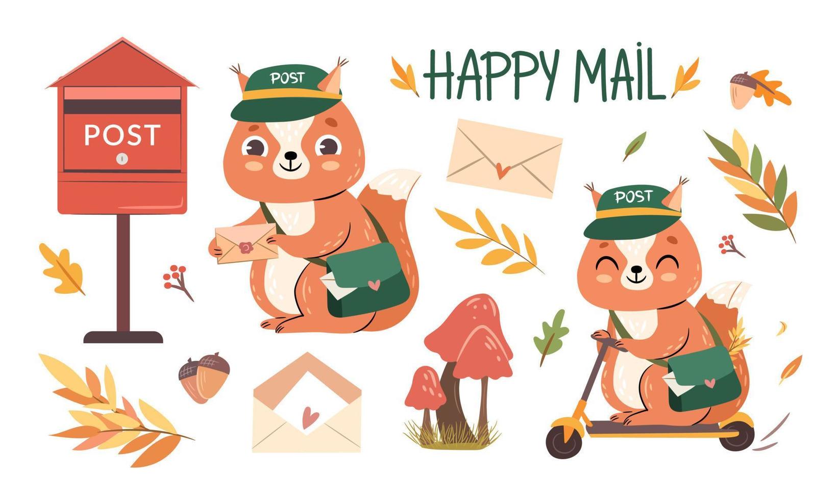 Autumn post set. Cute squirrel mailman with leaves, letters, mail box, mail bag. Isolated Fall woodland elements. Hand-drawn flat vector illustration