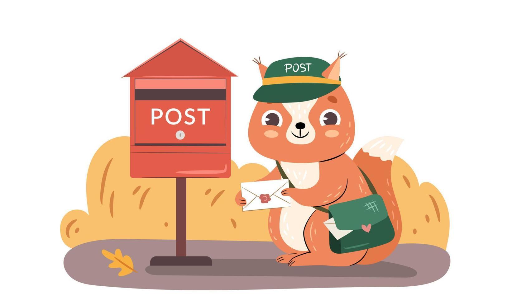 Cute squirrel delivering letter to mailbox concept. Autumn mail. Woodland animal in mailman uniform with post. Children illustration. Hand-drawn flat vector. vector