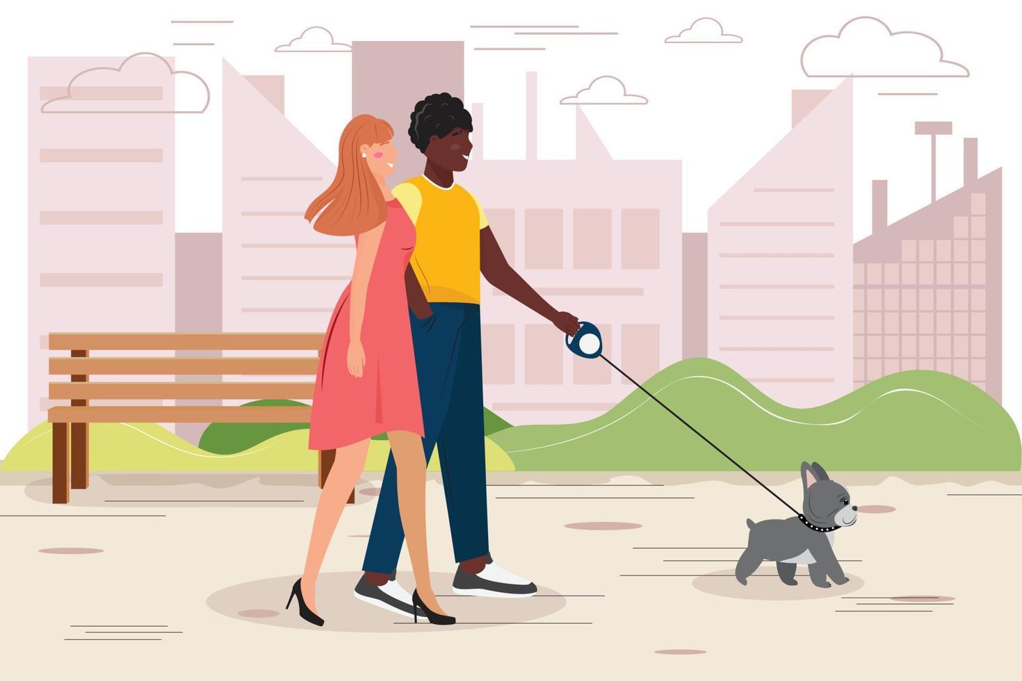 Young couple walking with a dog in the city park. vector