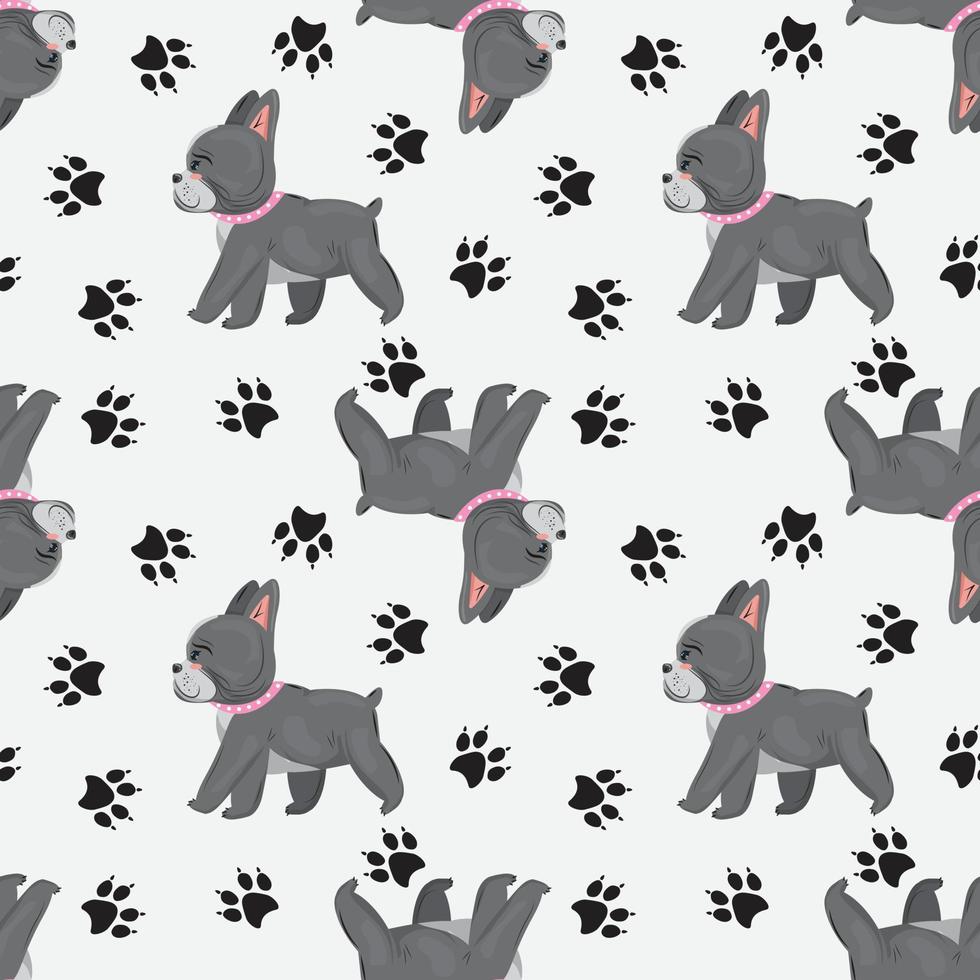 Seamless pattern with french bulldog and paw prints. For textile, wrapping paper, packaging, backgrounds. vector