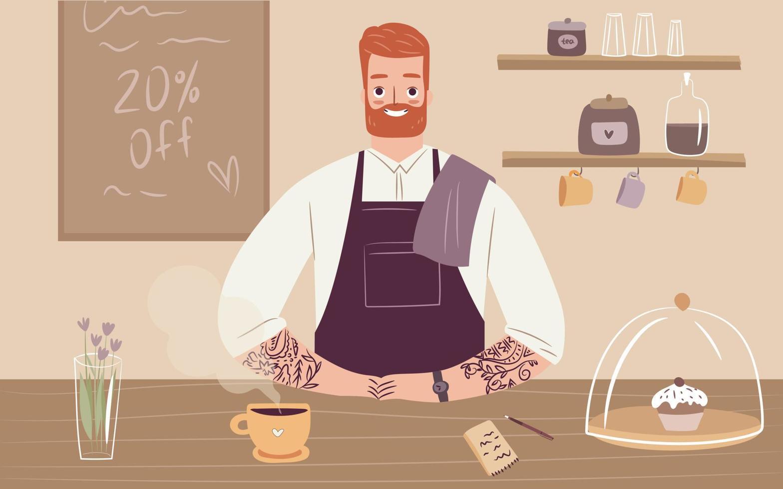 Barista at coffee shop counter. Smiling hipster barista welcoming visitors with a cup of coffee. Cafe bar background. vector